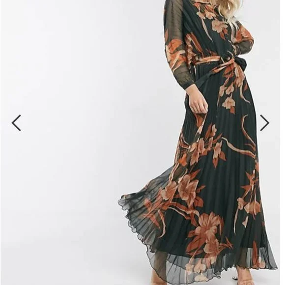 open lace back dress Printed Floral Pleated Maxi Gown
